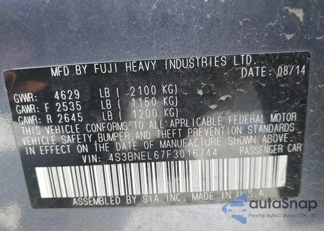 2015 Subaru Legacy 3.6R Limited from USA, damaged, VIN 4S3BNEL67F3016744